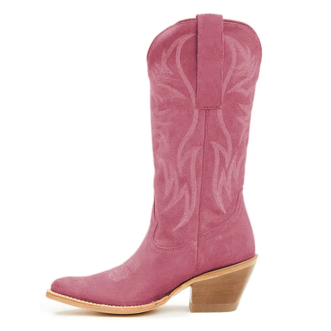Pink Embroidered Pointed Toe Mid Calf Cowboy Boots for Women