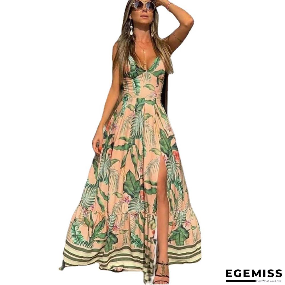 Deep V Suspender Printed Leaf Dress | EGEMISS