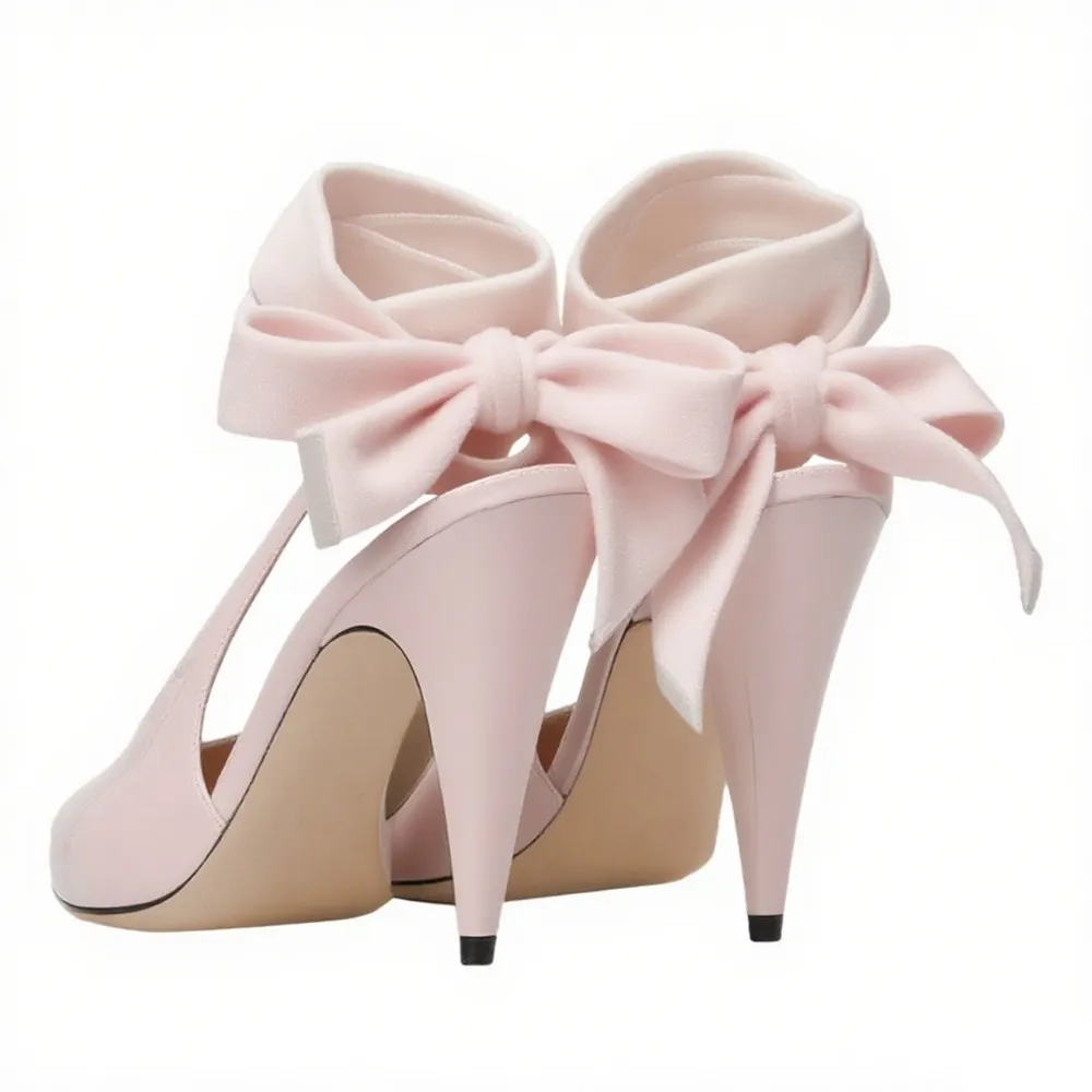 Pointed Toe High Heeled Bow Slingback Cute Light Pink Pumps