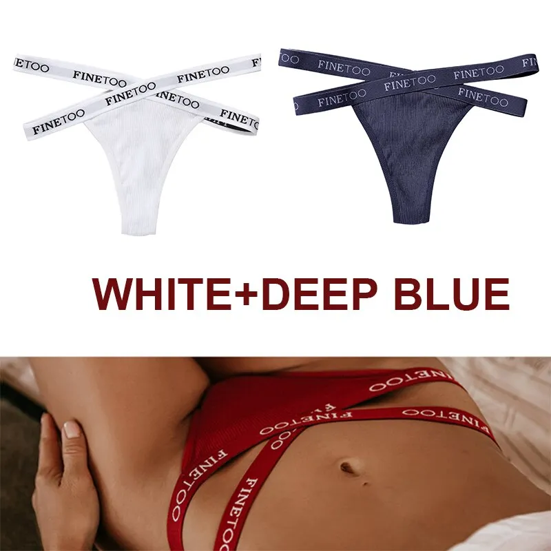 FINETOO 2PCS/Set Women's Cotton G-string Sexy Cross Strap Panties Letter Waisted Underwear Thongs Femme Hollow Out Lady Briefs