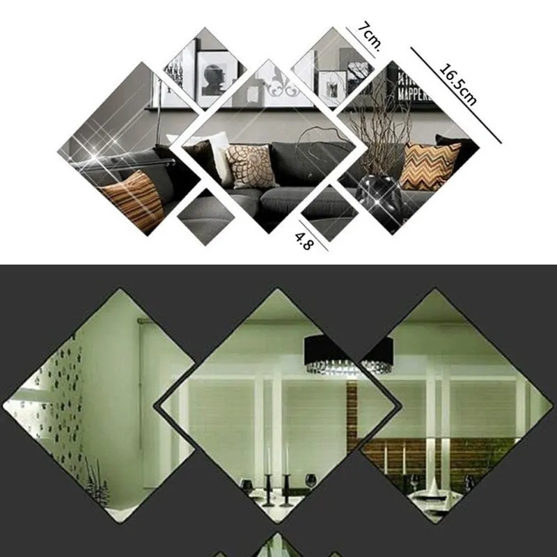 7pcsNew Diamond Acrylic Wall Sticker Mirror Irregular Mirror Vanity Mirror Living Room Decoration Decorative Mirrors Full Mirror