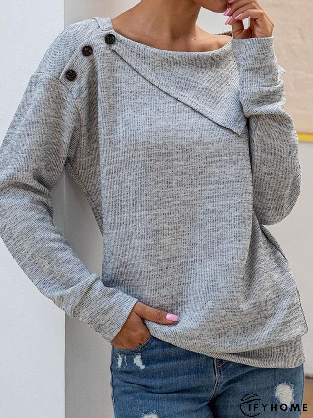 Gray Buttoned Solid Long Sleeve Cotton-Blend Topknitwear & Tunic Sweater Knit Jumper | IFYHOME