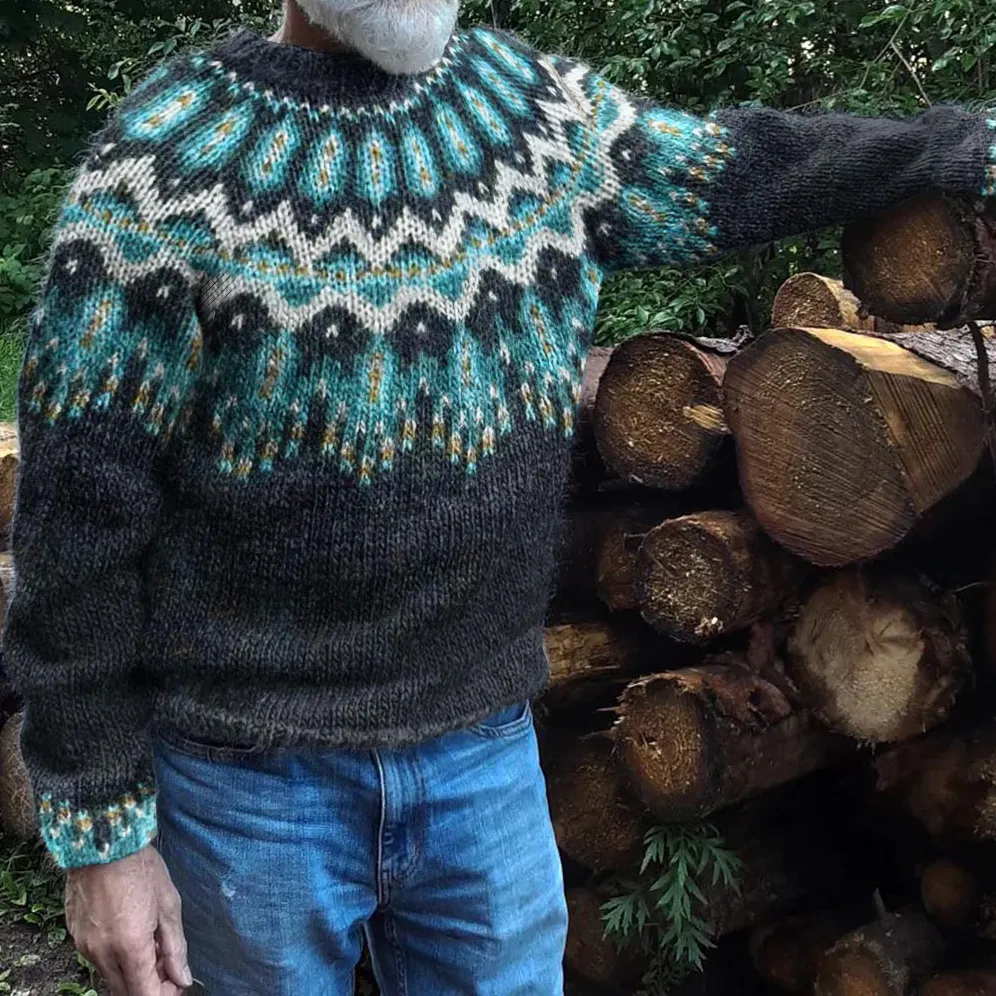 Mens Vintage Geometric Jacquard Knit Pattern Art Cozy Sweater