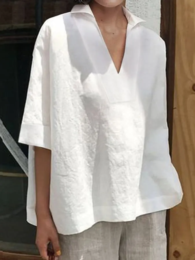 Women's Cotton Linen V-Neck Casual Shirt