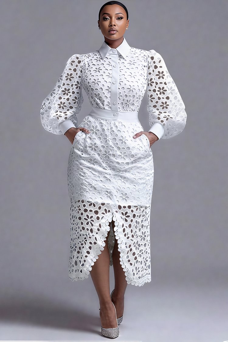 Xpluswear Design Plus Size Business Casual White Shirt Collar Lantern Sleeve Long Sleeve Split Elegant See Through Lace Two Piece Skirt Sets 2024 - Xpluswear
