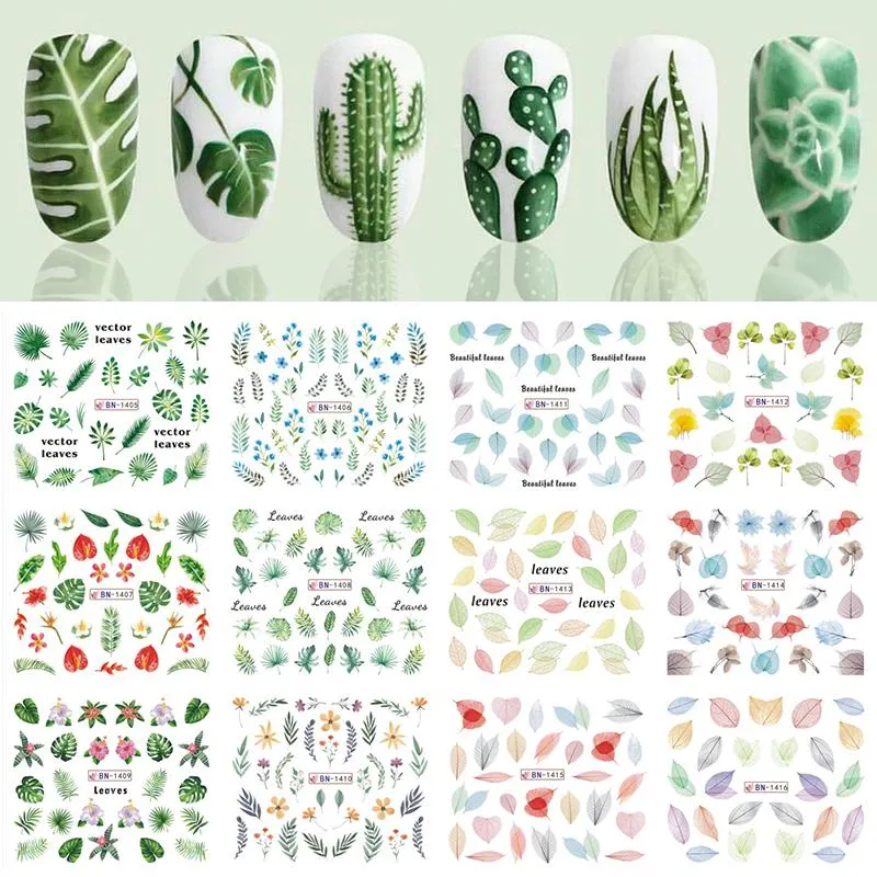 12Pcs Flower Leaf Geometric Lines Water Decals Spring Floral Butterfly Transfer Sliders Paper For Nails Decoration Manicures