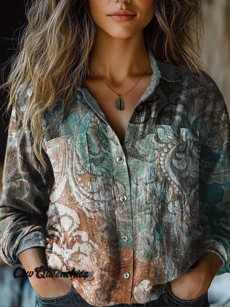Women&rsquo;s Retro Gradient Floral Texture Print Casual Long Sleeve Comfortable Cotton Shirt