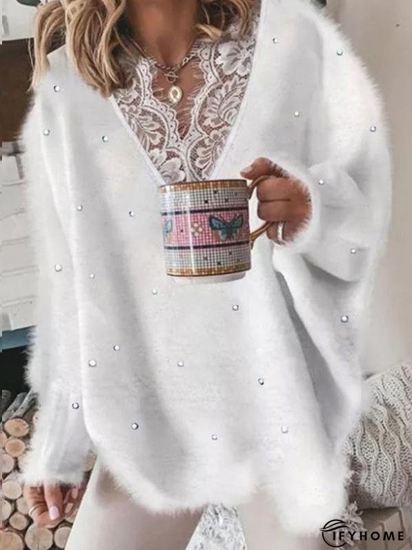 Women's Sweaters Lace Stitching Beaded V-Neck Long Sleeve Sweater | IFYHOME