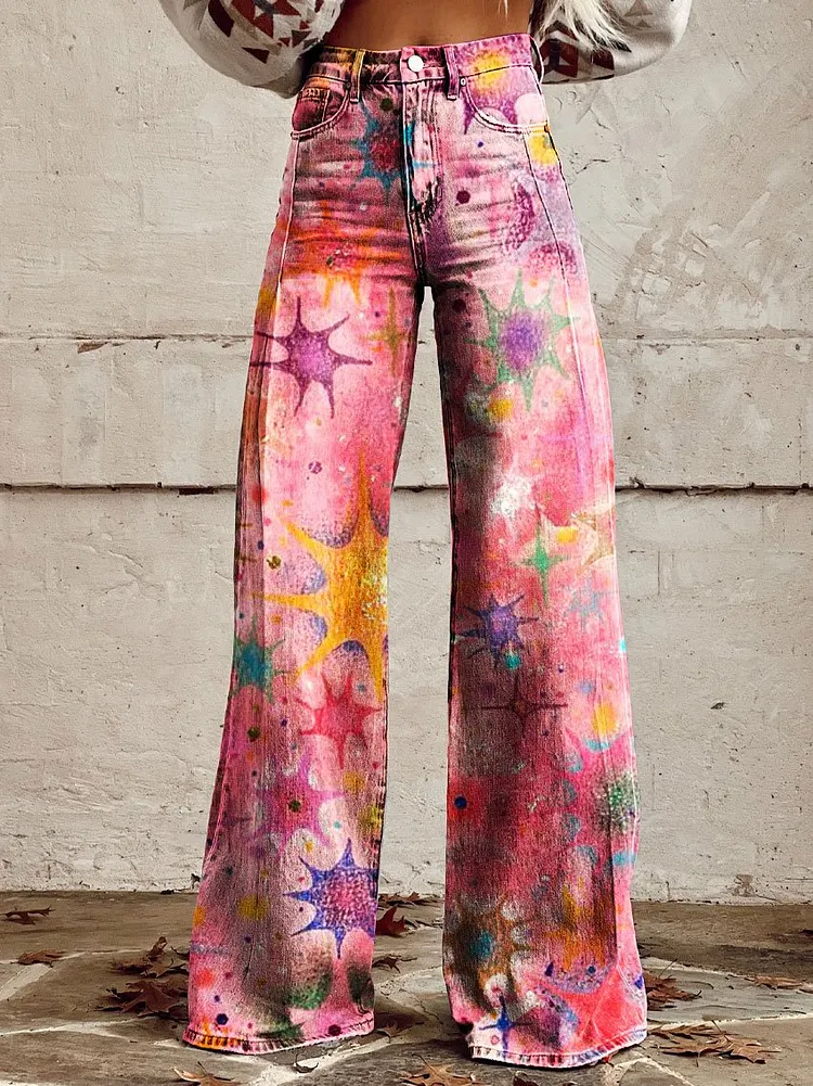 Women's Vintage Pink Stars Print Casual Wide Leg Pants