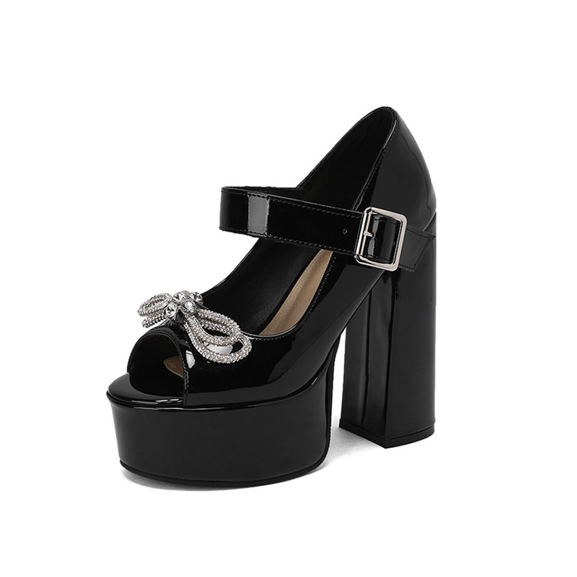 GOOSHOE Water Platform High Heel Peep Toe Sandals Round Toe Lacquer Leather Diamond Bowknot Pumps