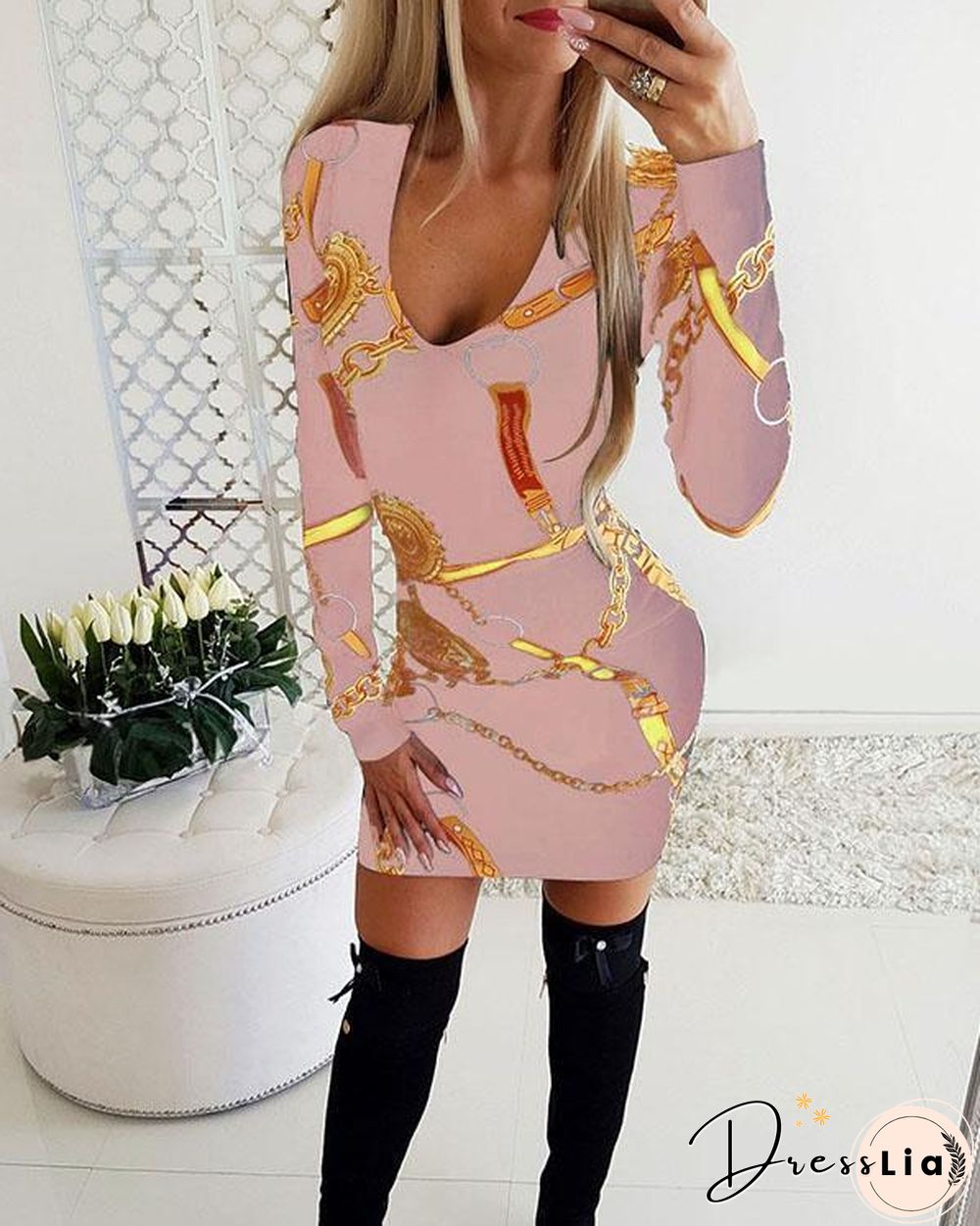Womens Deep V Neck Dresses Floral Midi Dresses Print Long Sleeve Bodycon Dress