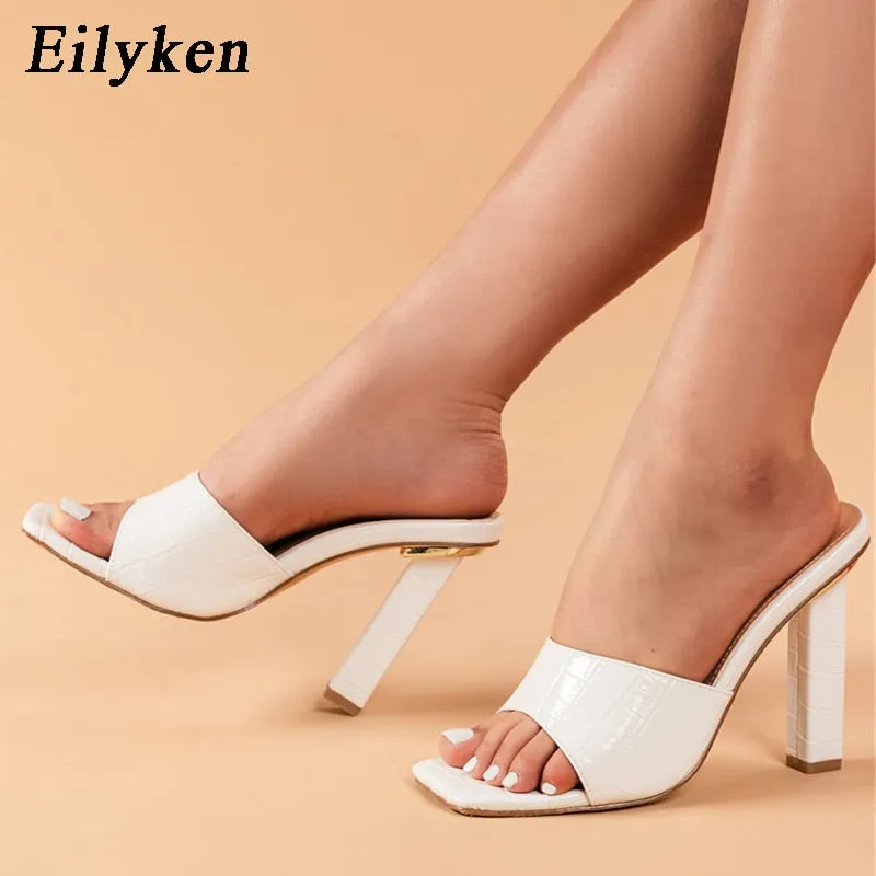 Eilyken Fashion Purple Snake Print Patent Leather Slides Women High Heels Mules Ladies Prom Slippers Square Toe Sandals Shoes