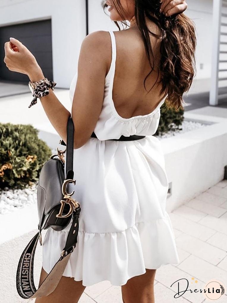 U-neck Solid Halter Suspender Skirt