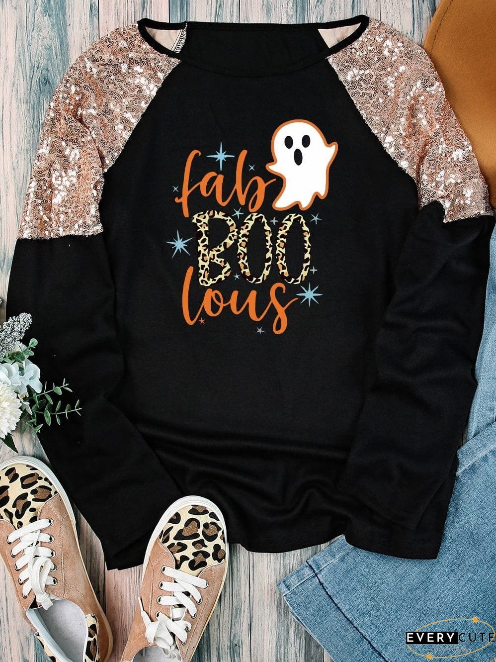 Halloween Graphic Raglan Top with Sequins