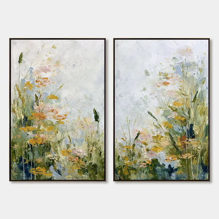 MEADOW'S WHISPER: Impressionist Wildflower Meadow Painting Diptych（Canvas painting）