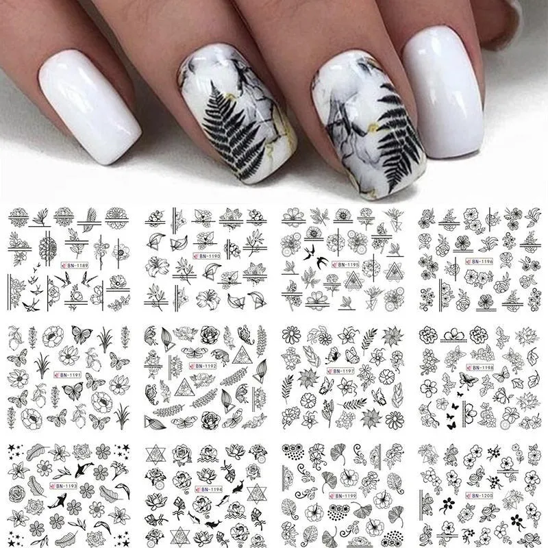 12Pcs Flower Leaf Geometric Lines Water Decals Spring Floral Butterfly Transfer Sliders Paper For Nails Decoration Manicures