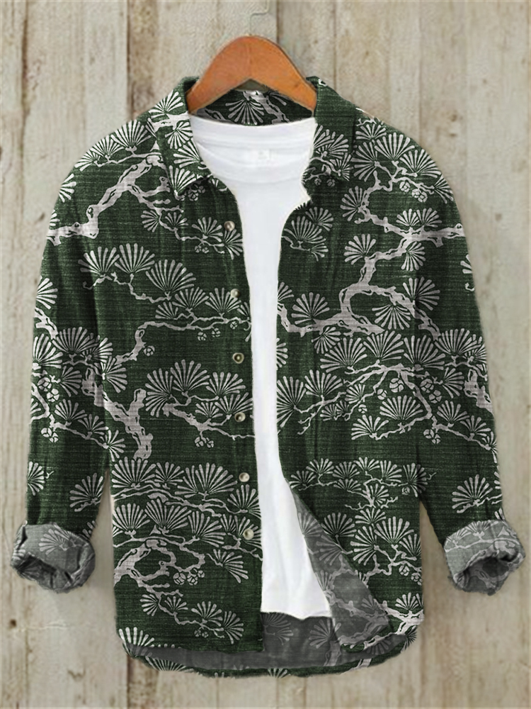 Pine Trees Japanese Lino Art Pattern Linen Blend Shirt
