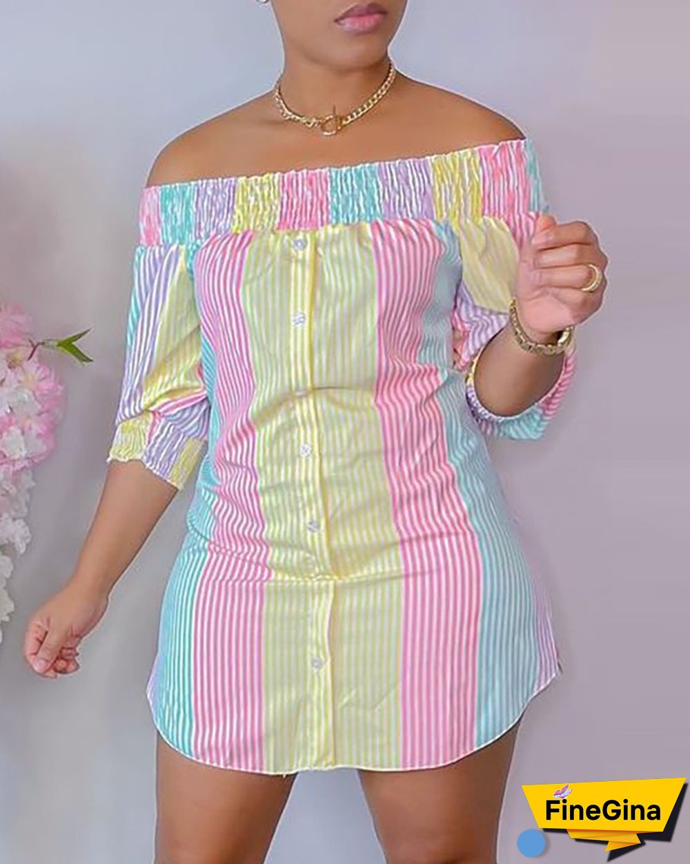 Striped Print Colorblock Shirred Buttoned Casual Dress
