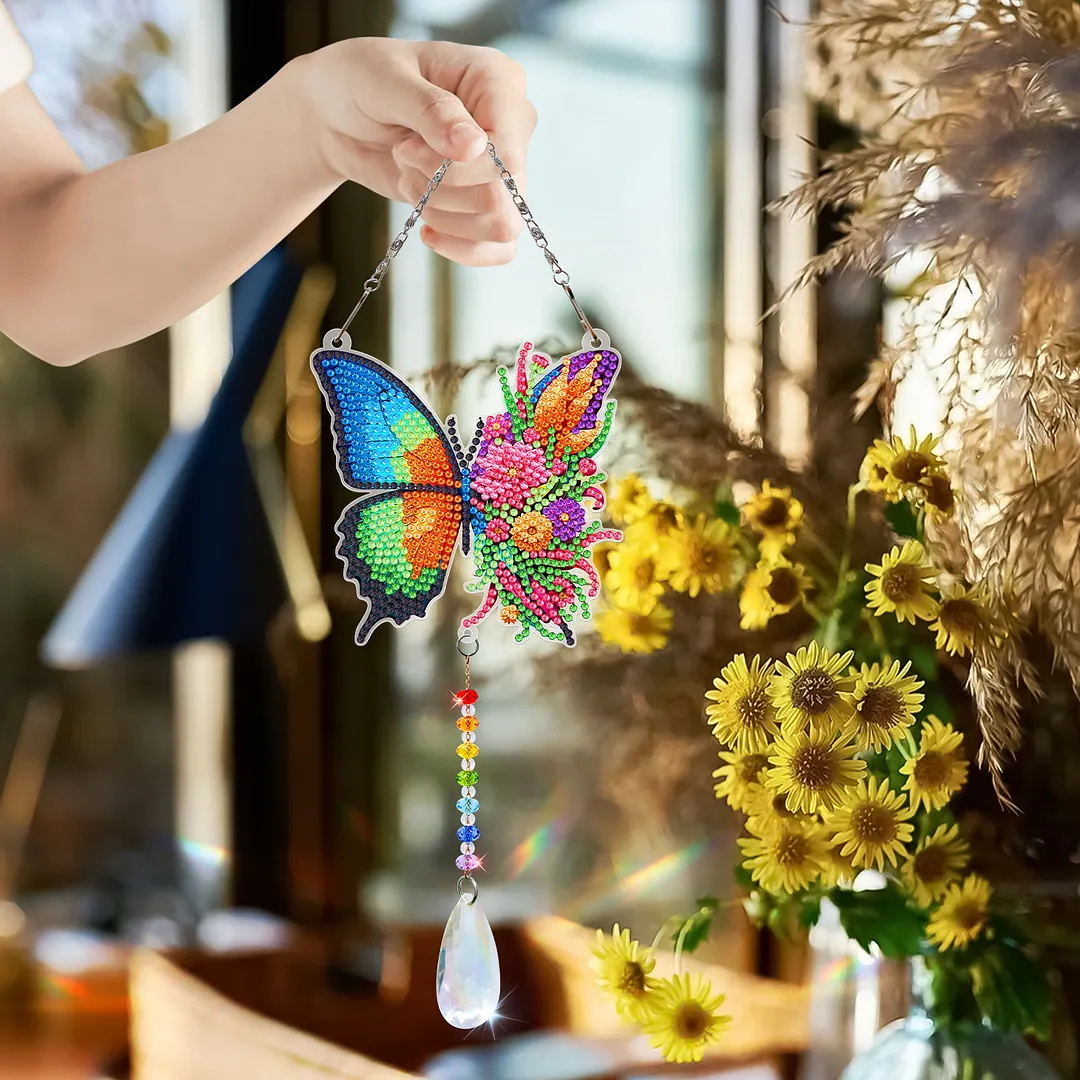 2Pcs Wreath Butterfly DIY Double-Sided Diamond Painting Hanging Kits Diamond Painting Suncatcher Craft Kit for Home Garden Wall Decor Gift