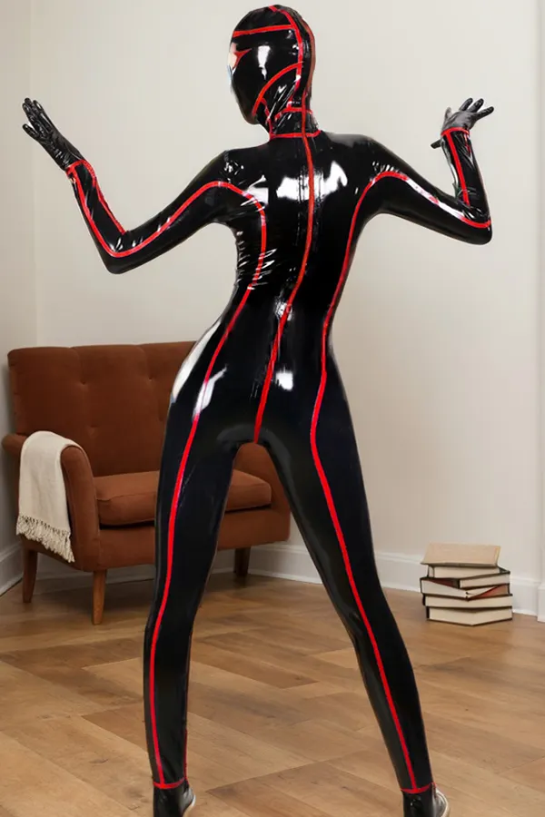 Men Latex Catsuits Full Body Zipper Contrast Stripe