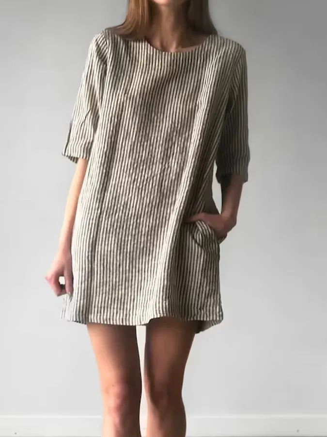 Women's Casual Classic Striped Linen Pocket Dress