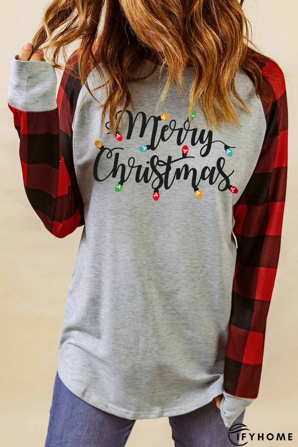 Gray Merry Christmas Plaid Color Block Long Sleeve Sweatshirt | IFYHOME