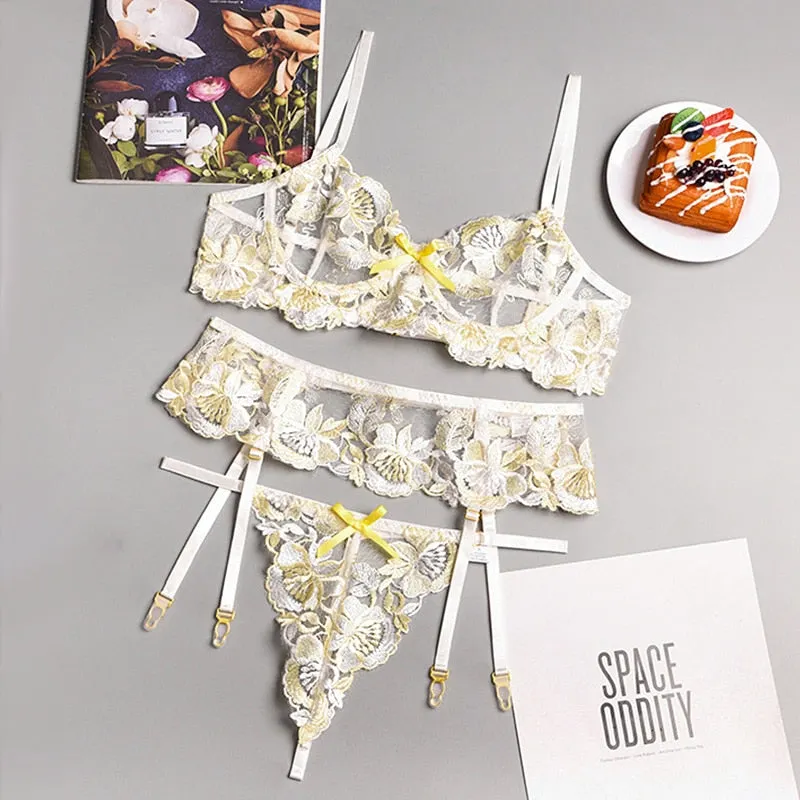 Women Transparent Lingerie See Through Erotic Bra and Panty Set Sexy Embroidery Garters Thong Set Thin Lace Secret Underwear