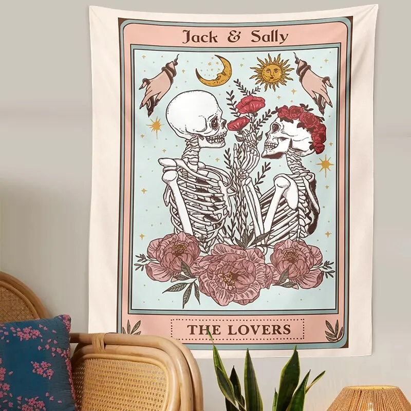 Psychedelic Skull Tapestry Tarot the lovers Wall Hanging Skulls Flower Esotericism Human Skeleton Home Decor Accessories