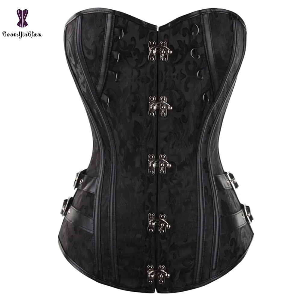Locking Closure Steam Punk Style Women Waist Shapewear Overbust Corset Bustier With G String Black Brown 916#