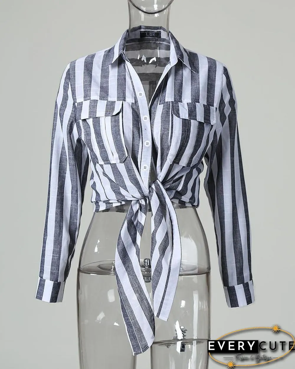Striped Knotted Detail Pocket Blouse P15572