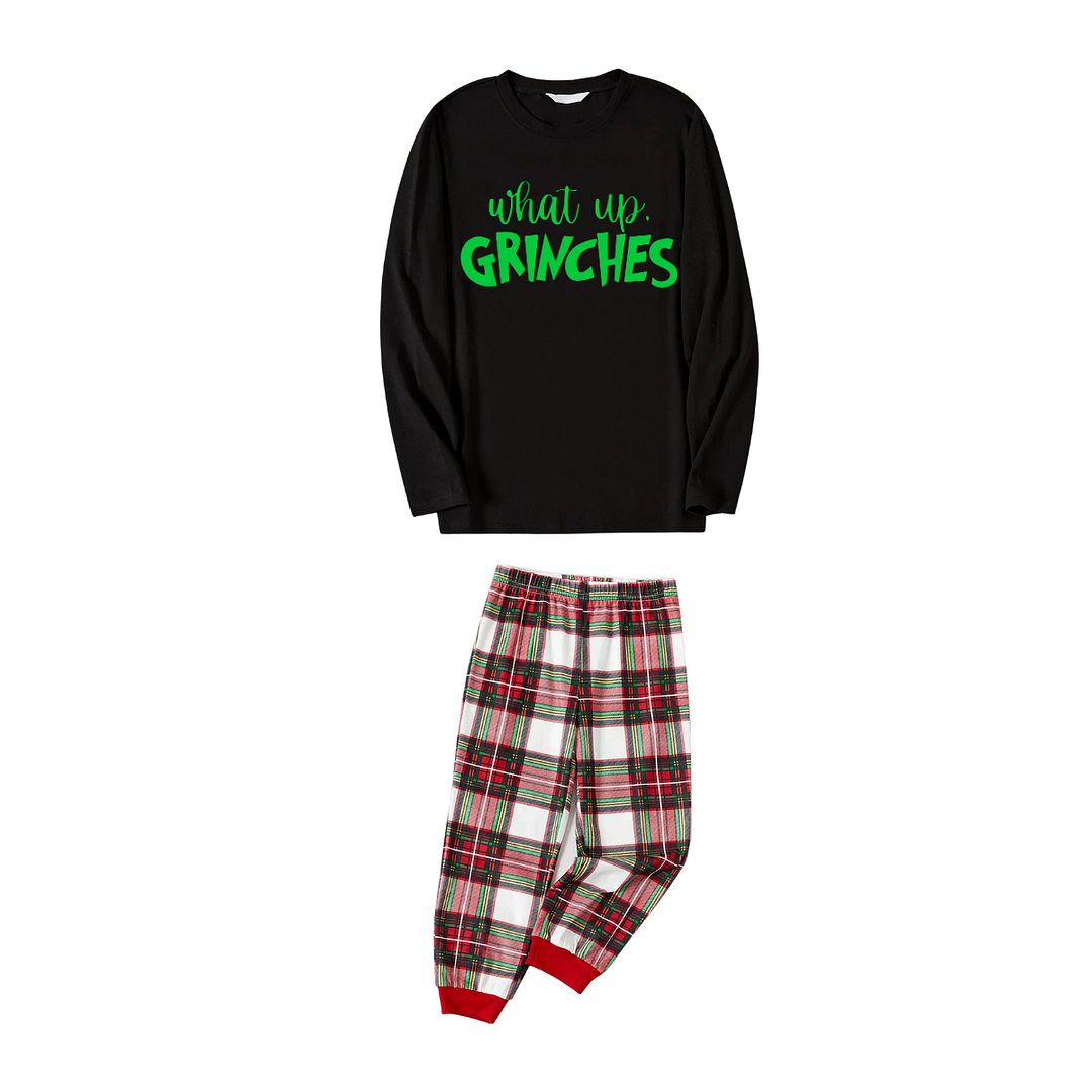 Christmas Text Print Black Long Sleeve Top with Red & White & Green Plaid Family Matching Pajamas