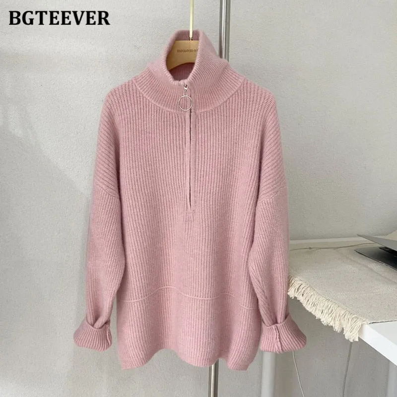 BGTEEVER Thick Turtleneck Zippers Women Sweaters Jumpers for Women 2021 Autumn Winter Loose Full Sleeve Female Knitted Pullovers