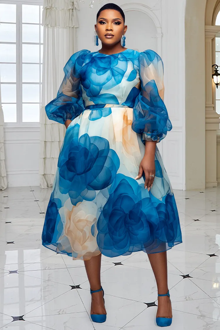 xpluswear cocktail & party dresses Plus Size Midi Dress With Pockets Xpluswear Design Plus Size Cocktail Party  Light Blue Round Neck