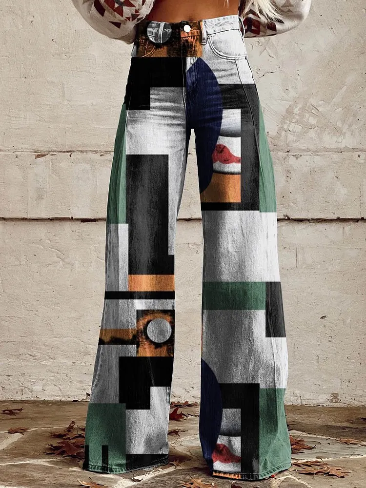 Women's The Geometry of A Chaotic Arrangement Print Casual Wide Leg Pants