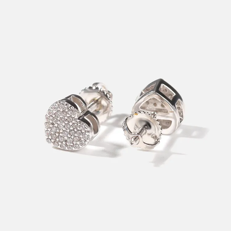 Iced Out Heart Silver Earrings Hip Hop Bling Bling
