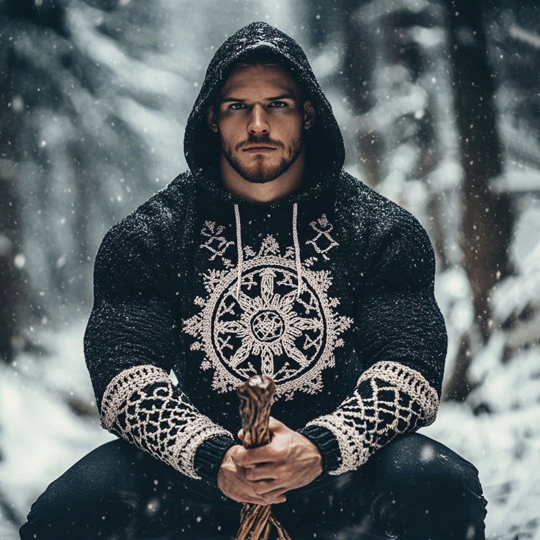 Men's Viking Dreamcatcher Tribal Jacquard Celtic Inspired Chunky Knit Hooded Sweater