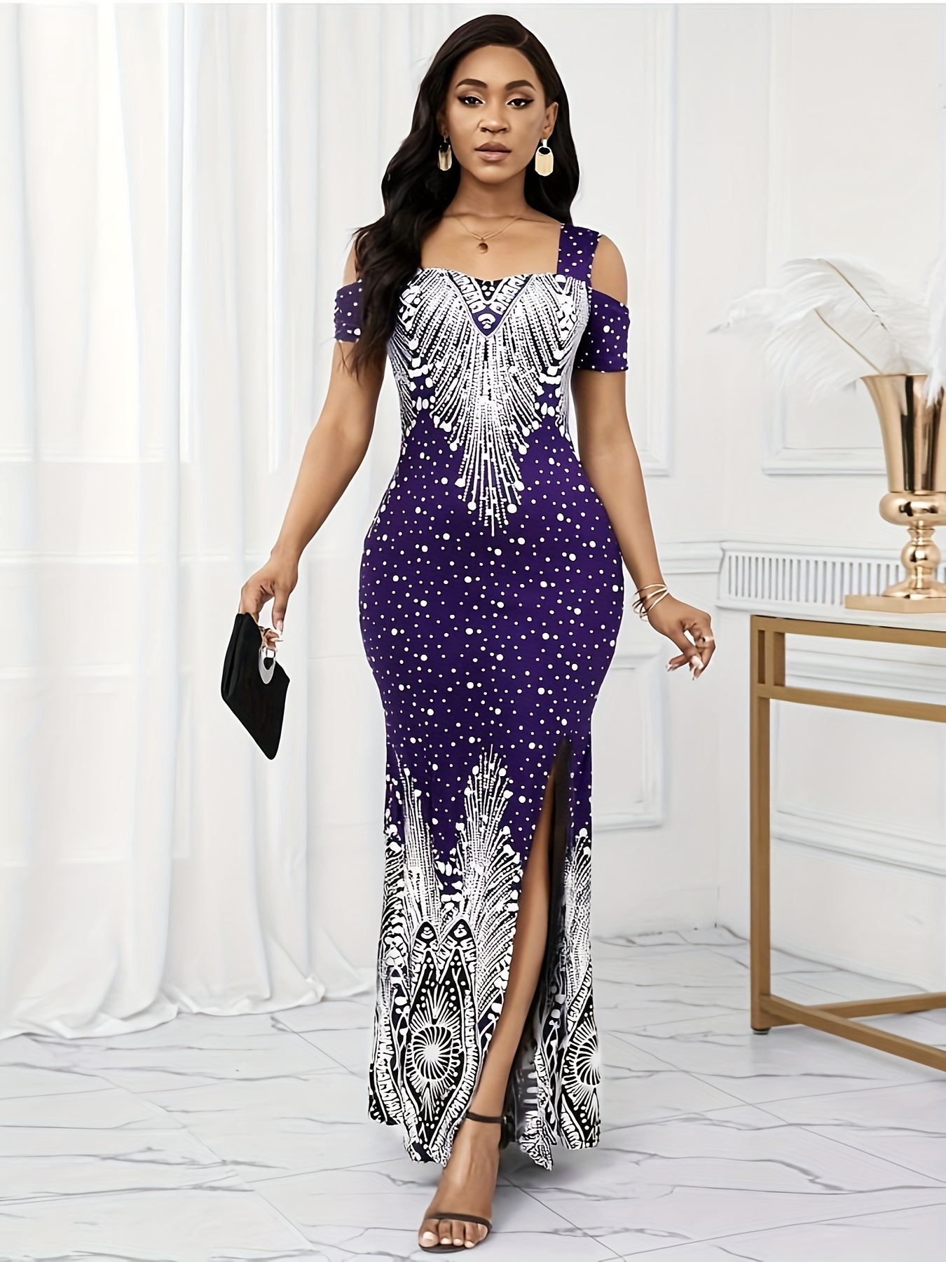 Women's Elegant Paisley Print Square Neck Off-Shoulder Evening Dress - Short Sleeve Bodycon Mermaid With Side Slit & Waist Accent, Machine Washable Summer Formal Party Wear, Evening Event Attire, Stretchy Fabric Gown, Comfortable Fit Dress | IFYHOME