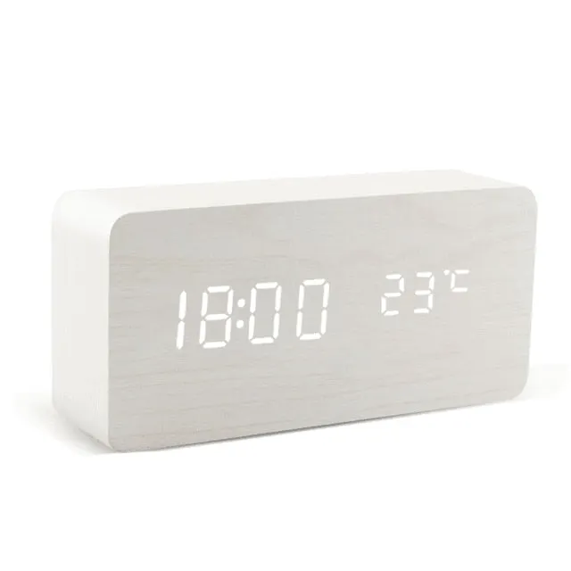 LED Digital Alarm Clock Wooden Watch Table Voice Control Digital Wood Despertador USB/AAA Powered Electronic Desktop Clocks