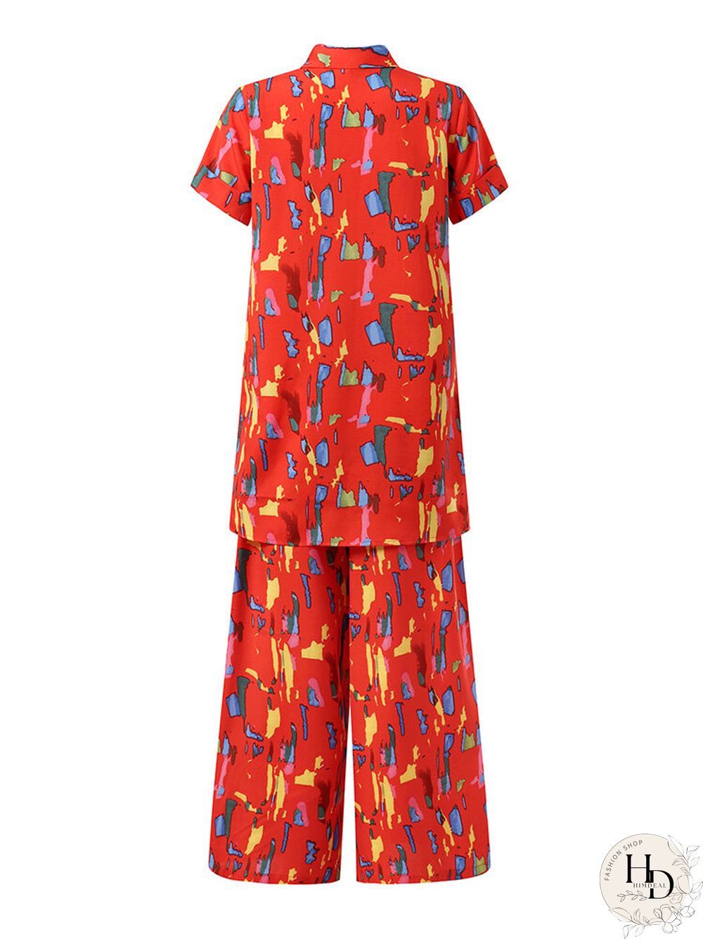 Brush Print Lapel Pocket Short Sleeve Wide Leg Two Pieces Suit