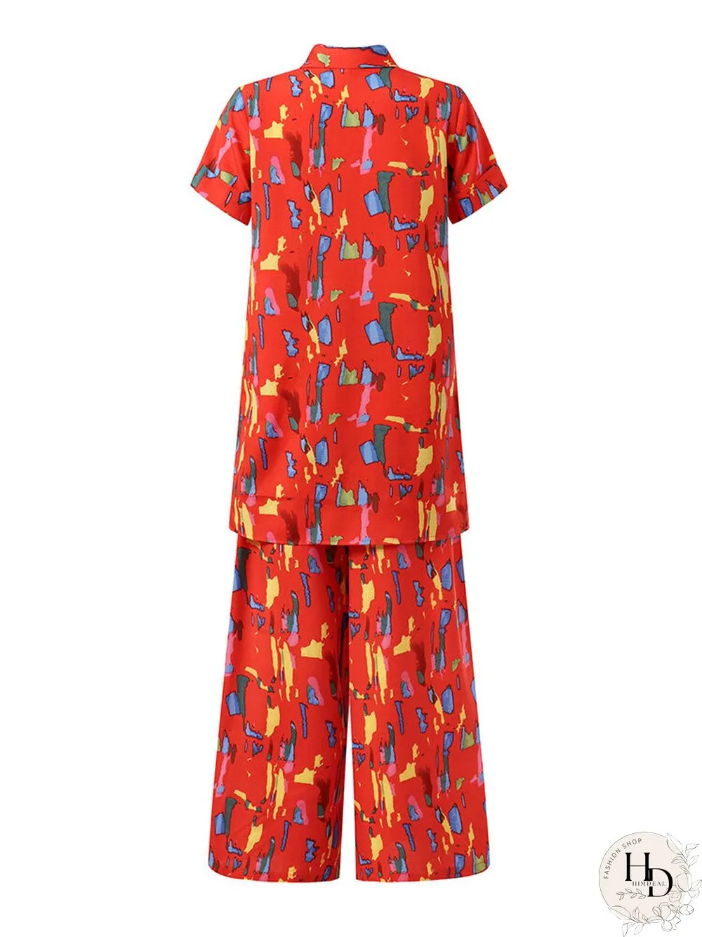 Brush Print Lapel Pocket Short Sleeve Wide Leg Two Pieces Suit