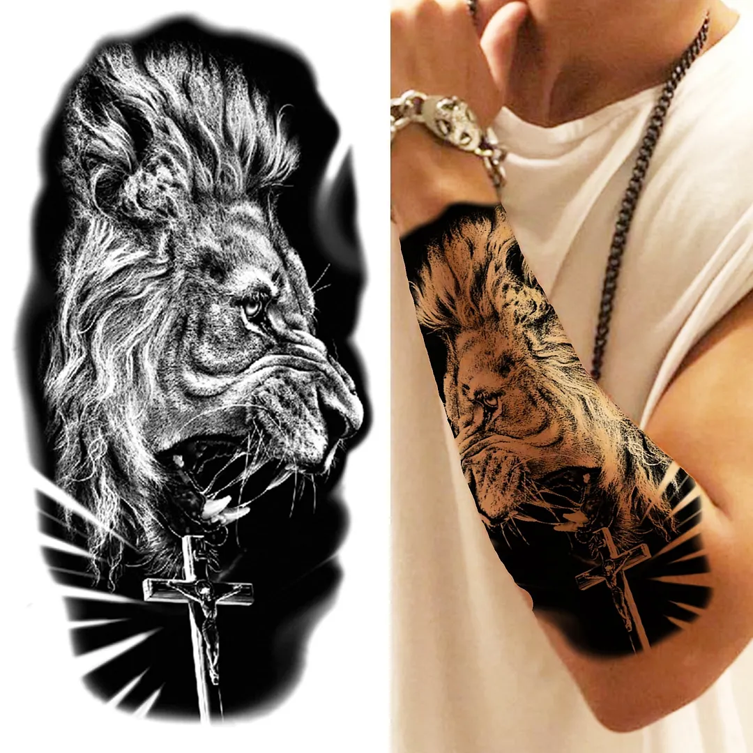 Cross Lion Temporary Tattoo For Women Men Adult Skull Tiger Wolf Forest Tattoo Sticker Black Fake Realistic Demon Tatoos Forearm 530-1