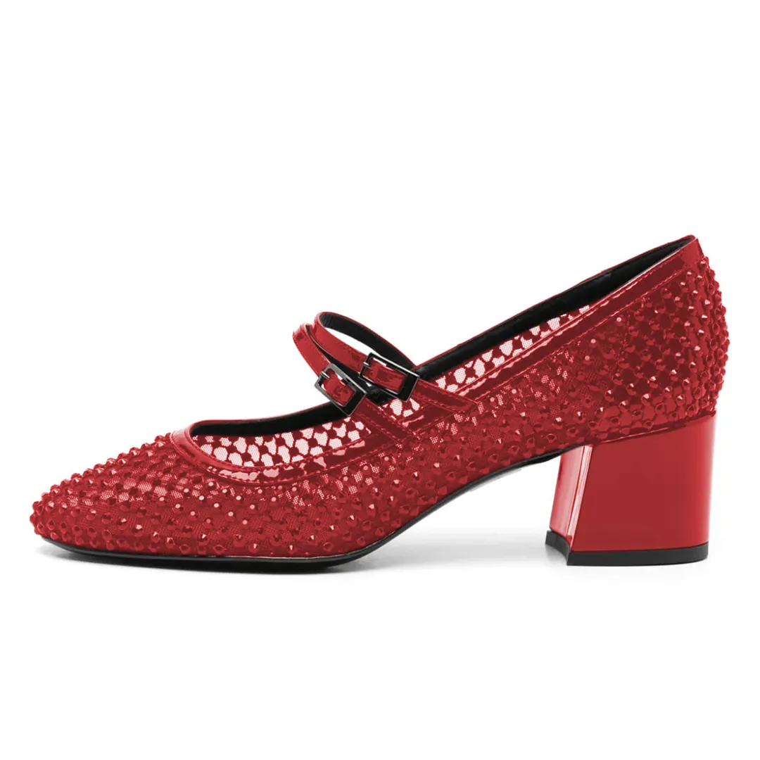 Red Mesh Round Toe Buckle Fastening Strap Mary Janes for Ladies