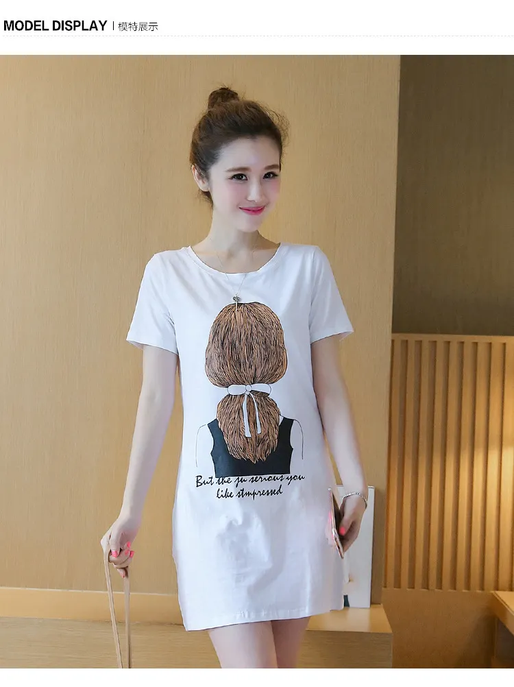 Brownm Brownm Summer New Women's Korean Dress Print Women's Medium Long Short-Sleeved T-Shirt Girl Top Bottom