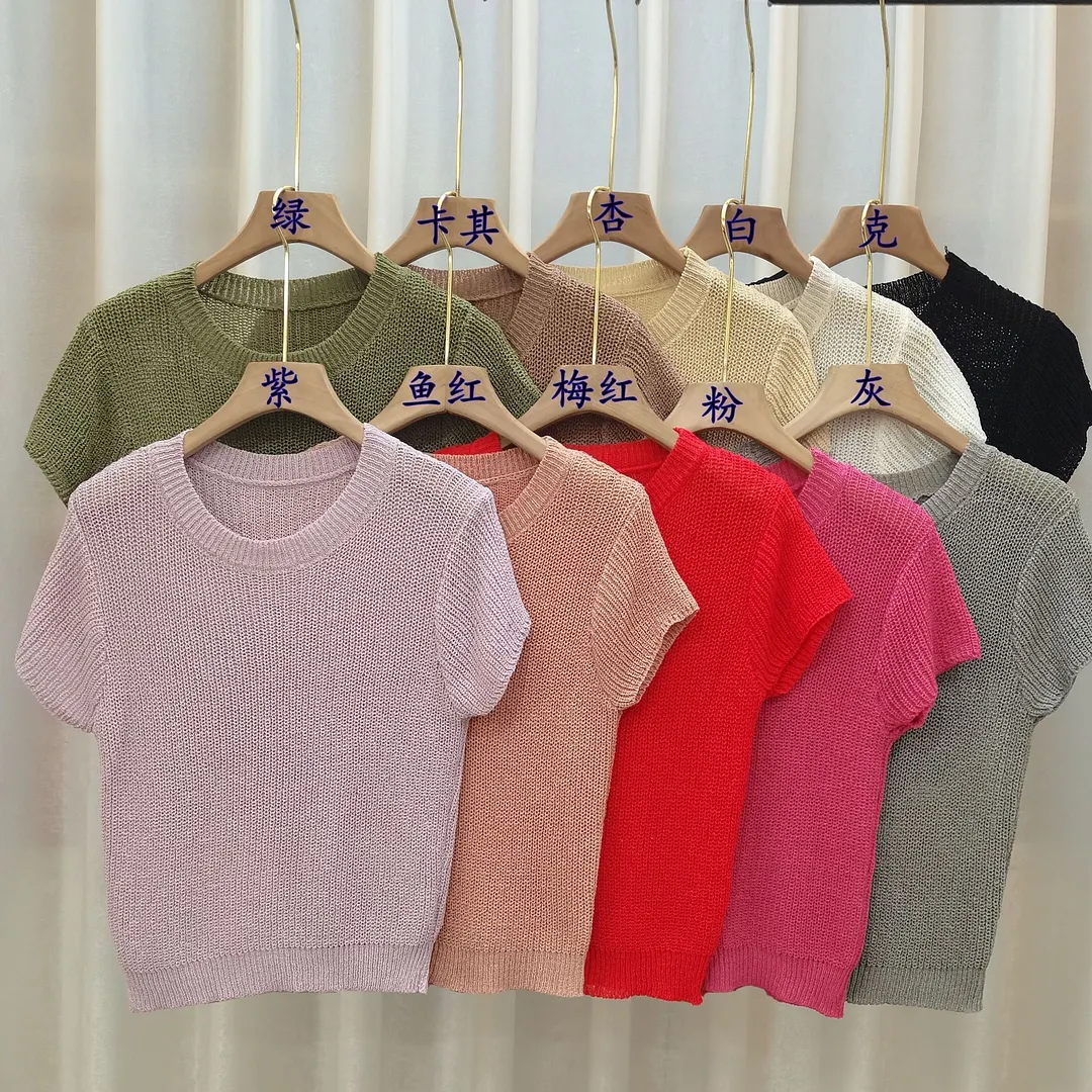 Uveng Uveng New Design Sense Niche Short-Sleeved Short-Sleeved Repair Body Wear Temperament Simple Round-Neck Short-Sleeved Knitwear