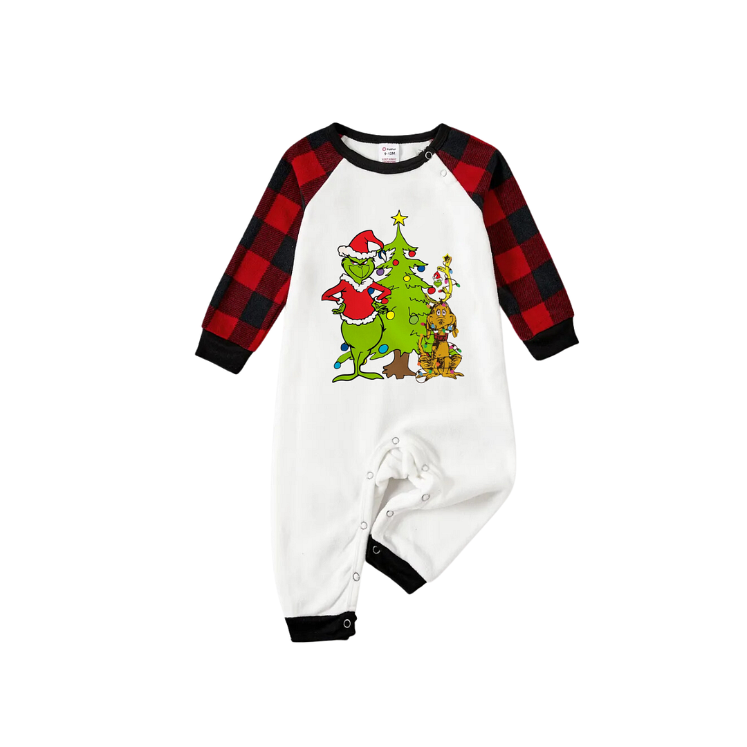 Christmas Cartoon Pattern and Tree Printed Red & Black Plaid Family Matching Pajamas