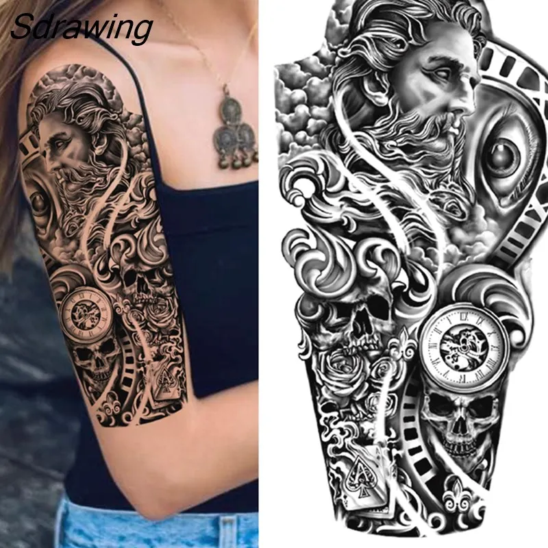 Sdrawing Tiger Temporary Tattoos For Men Women Kids Lion Skull Cross Tattoo Sticker Black Compass Skeleton Tatoos Leg Thigh 328-0