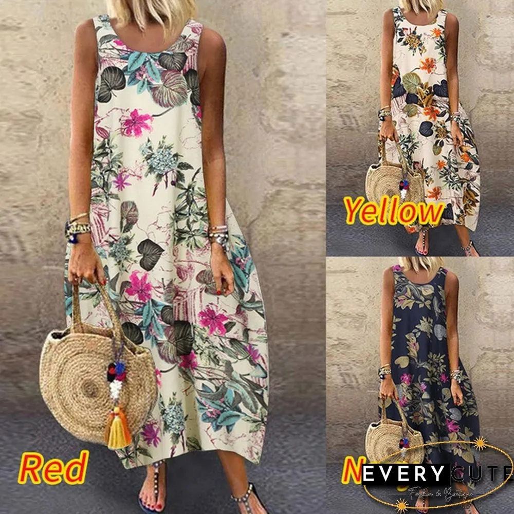 Women Summer Sleeveless Plus Size Floral Printed Long Tank Dress Sundress Beach Dresses