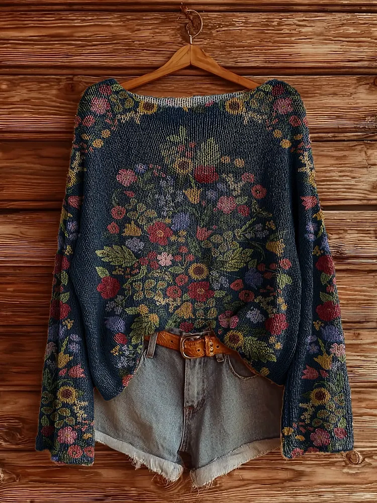 Women's Vintage Floral Tattoo Pattern Art Print Casual Pullover Sweater