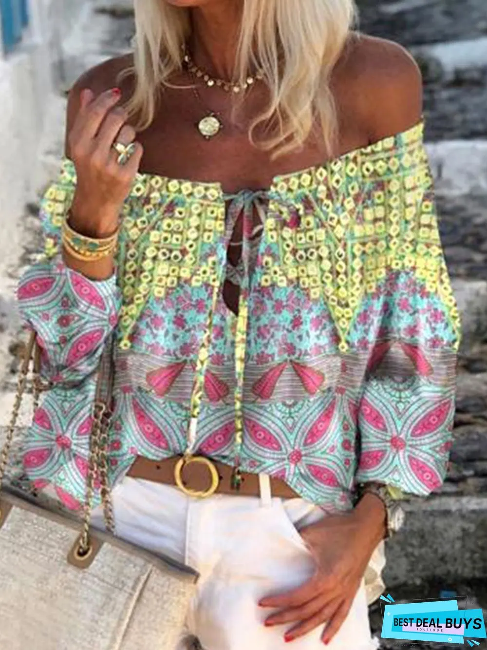 Multicolor Off Shoulder Cold Shoulder Printed Cotton-Blend 3/4 Sleeve Tops