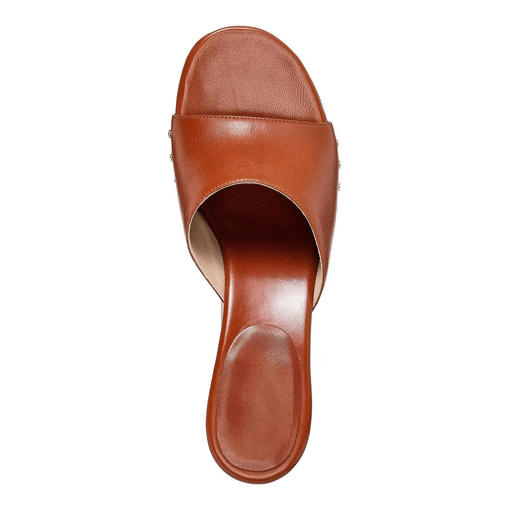 Brown Faux Leather Round Toe Flared Heel Mules for Women with Studded